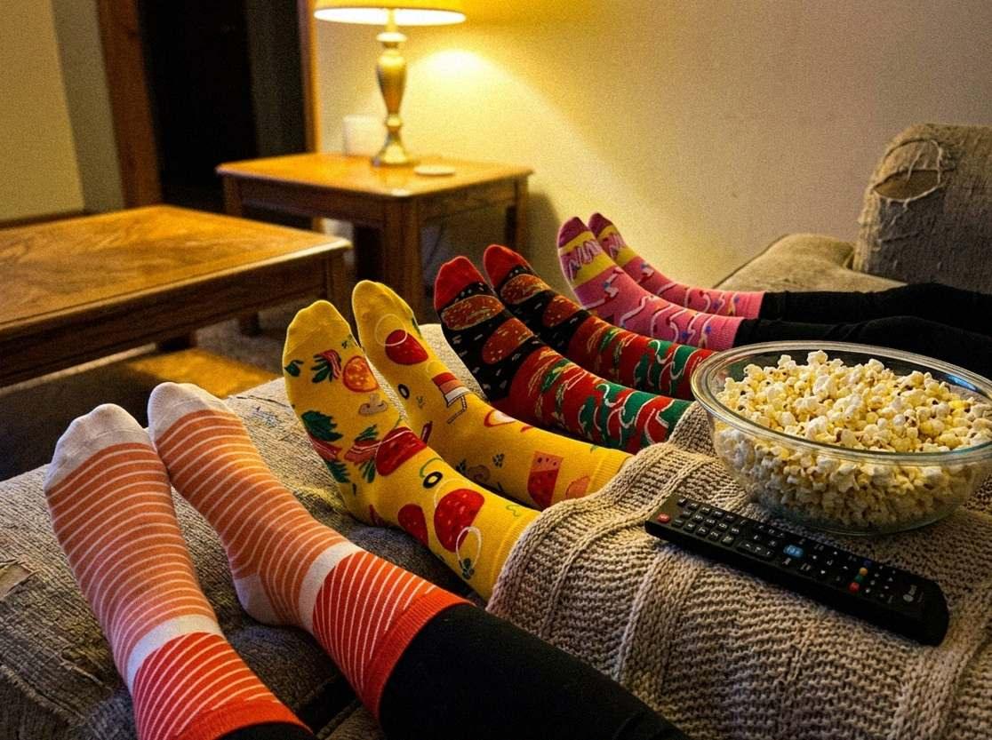 Four pairs of feet on the sofa, each wearing food socks, with a bowl of popcorn (AI-generated illustration)
