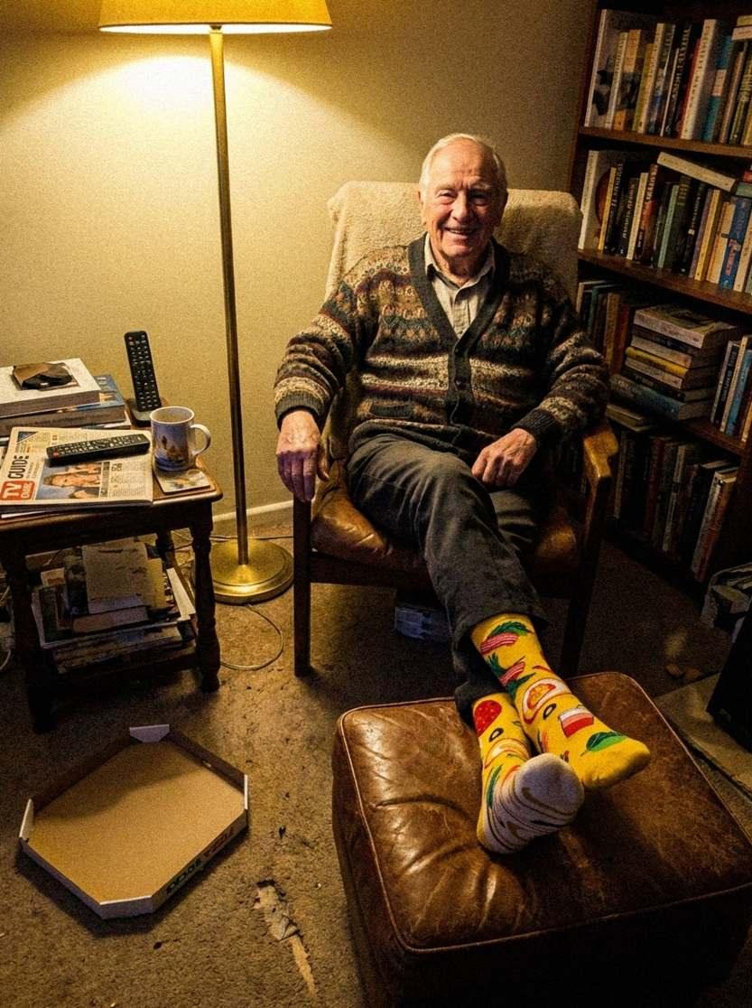 Grandpa in his armchair, showing off the pizza socks on his feet (AI-generated illustration)